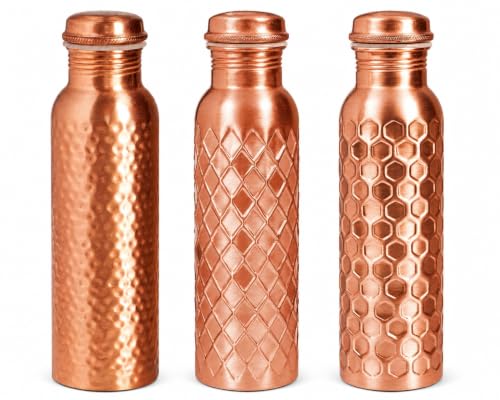Image of Copper Water Bottle Pure, Set of 3 with Hammered, Diamond & Honeycomb | 100% Pure Copper, Hammered /Diamond /Honeycomb Textures, Copper Finish, Leak-Proof Screw-Top, Wide Mouth, Handcrafted