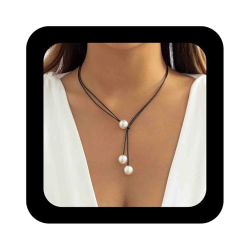 Enautoabs Vintage Negro De Cuero En Forma De Y Collar De Cuero De Perlas Lariat Collares De Cuerda Larga Cadena De Collar De Joyería Para Las Mujeres