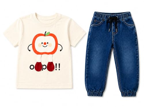 Image of Bold N Elegant Toddler Boys Clothing Set Apple Print T-Shirt with Denim Jogger Pants | Kids Casual Summer Outfit Set | Soft Cotton Tee & Elastic Waist Jeans