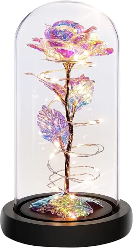 ZOCKRIX LED Galaxy Rose in Glass Dome – Eternal Flower with Gold Stem & Soft LED Lights,Christmas Gift; Valentine Gift for Anniversary, Birthday, Home Décor (1 Pc, Plastic) (Rose Gift with Flower)