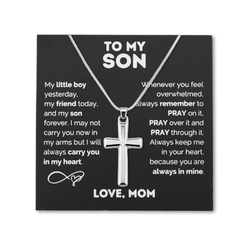 Sudaporn Cross Pendant Necklace for Son Christian Christmas Gifts To My Son Jesus Faith Necklaces Silver Positive Sons Birthday Gifts from Mom Mother Men Stainless Steel Cross Charm Prayer Neckalce