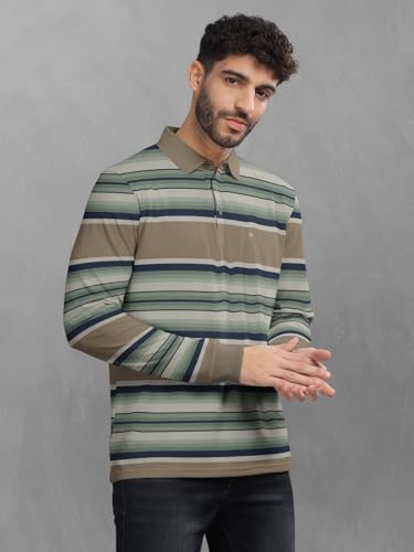 Image of BULLMER Striped Textured Printed Polo Neck Fullsleeve T-Shirt with Rib for Men