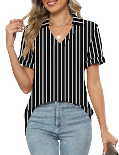 Rapbin Blusa para mujer de manga corta de verano con cuello en V tops elegante camisa de negocios blusa de algodón casual para mujer túnica polo blusas con cuello de solapa 2025, Negro Rayas Blancas