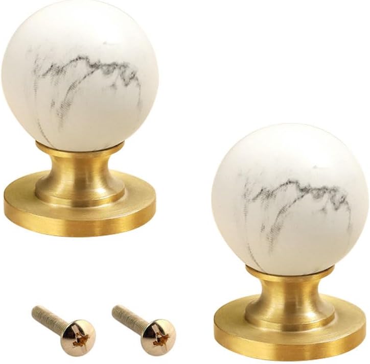 Marble Light Luxury Brass Knobs Minimalist Naturalism Cabinets, Shoe Cabinets, Wardrobes,Drawer Cabinet Door Knobs Hole Handle Pulls 2 Pcs (White)