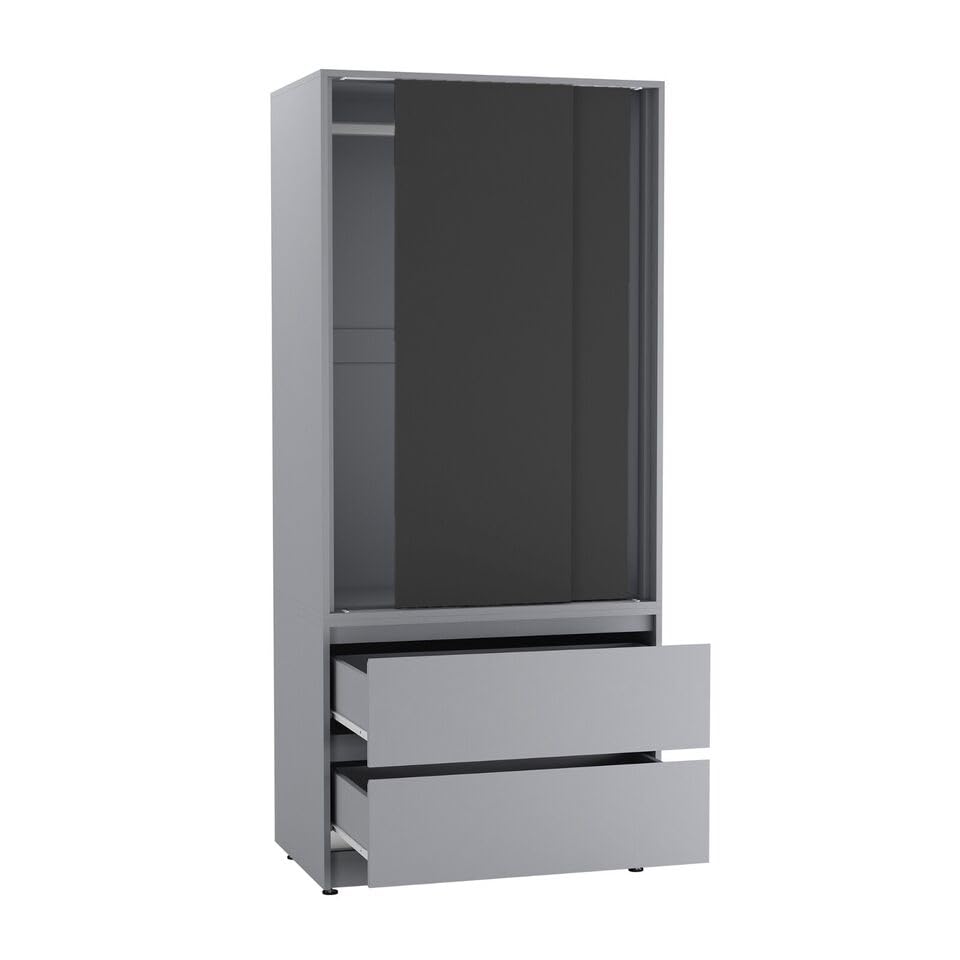 URBNLIVING 2-Door 2-Drawer Sliding Wardrobe, Modern Bedroom Storage Cupboard with Hanging Rail, Smooth Silent Sliding Doors, Adjustable Feet, Safety Wall Fixing and Mix or Match Carcass & Door Colours