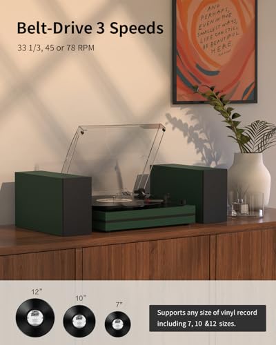Image of Record Player for Vinyl with External Speakers Belt-Drive Turntables for Vinyls Records Dual Stereo Speakers LP 3 Speed BT Wireless AUX-in Headphone Auto Stop New Sleek Stylish Dark Matte Green