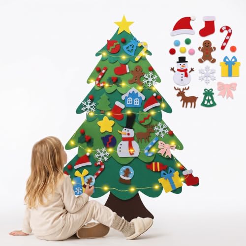 Montessori Felt Christmas Tree for Toddlers, DIY Wall Xmas Tree with Lights | 3.2FT felt wall Christmas tree with 32 removable ornaments and 16.4FT lights, a fun DIY Christmas decoration for kids.