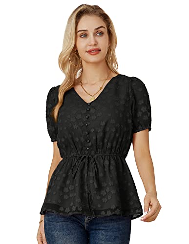 Damen Puffärmel Chiffon Bluse V-Ausschnitt Swiss Dot Oberteile A-Linie...