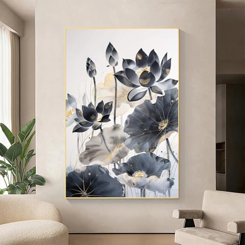 Toile fleur de lotus noir et or avec cadre pour décoration de porche chic