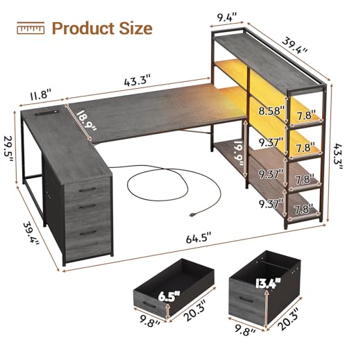 SEDETA Corner Computer Desk, Reversible U Shaped Office Desk with 3 Fabric Drawers and Power Outlet, Corner Gaming Desk with LED Lights, Storage Shelves, Grey