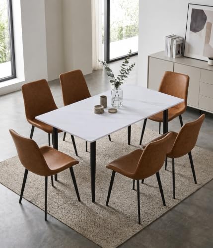 Image of Eclipse Six Seater Faux Marble Dining Set | 15mm Sintered Stone Dining Table | Upholstered Metal Chairs | Snow White (DIY Assembly)
