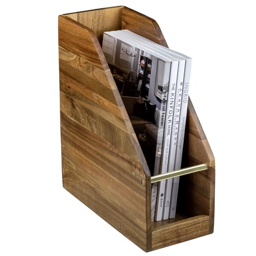 MyGift Premium Hotel Series Solid Acacia Wood Desktop Magazine File Holder Bin with Brass Tone Metal Accent, Vertical Office Desk Document Folder Binder Storage Organizer Rack