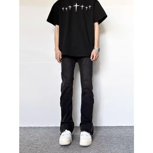 BXCNCKD Gothic Pants, high Street Ruffled Jeans, Men's American Black Slim fit, Retro Micro Flared Pants Y2K4