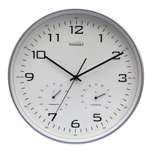 Youshiko Large Wall Clock with Temprature & Humidity, 12'' Non Ticking Silent Sweeping Seconds, Home/Kitchen/Office/School Clock, Easy to Read (Silver)