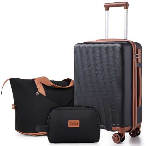 Eeeza Carry on Luggage Sets 22x14x9 Airline Approved Durable Travel Luggage Suitcases with Wheels ABS Hard Case Suitcases with Spinner Wheels (Black 3 Piece Sets(20/DB/TB))