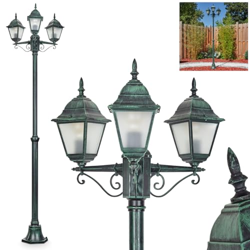 Naofen Lampadaire d'extérieur en métal/verre noir/vert/verre dépoli, candélabre, 3 ampoules au look vintage/rétro, hauteur max. 220 cm, éclairage de...