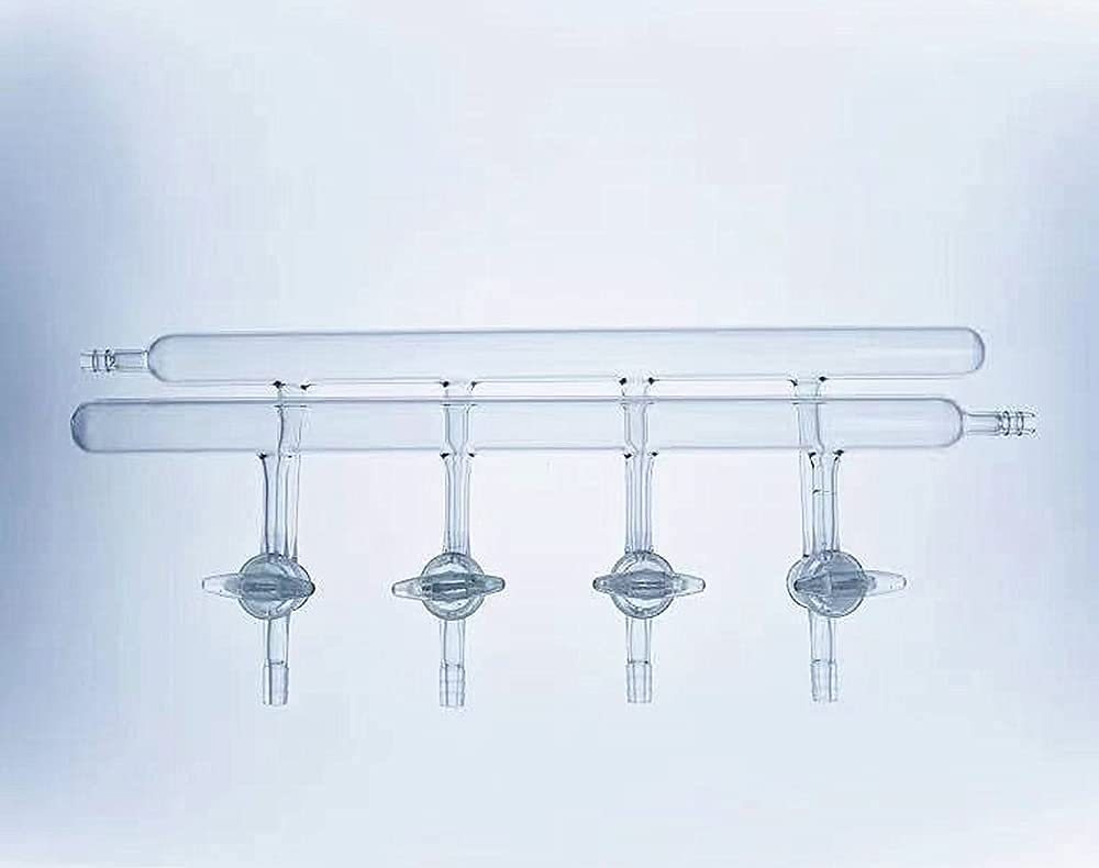 Distribuidor de gas al vacío de doble colector de vidrio for laboratorio con llave de paso de vidrio sólido de 4 puertos for aplicaciones de línea Schlenk