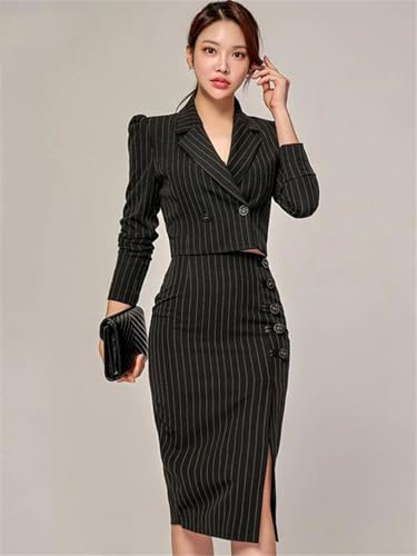 Women Stripes Occupation 2-Piece Suits Elegant Blazer Pencil Skirts Korean Casual Set3