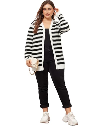 Agnes Orinda Plus Size Cardigan Sweater for Women Button Down Open Front Long Sleeve Striped Knit Cardigans Coat Winter3