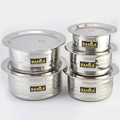 Image of Ramila Stainless Steel Tope Set | Cookware Set with Lid | Steel Pot Set Induction Bottom (Silver Touch Design) Capacity 2-Liter,1.5-Liter,1-Liter,0.75liter,0.50-Liter