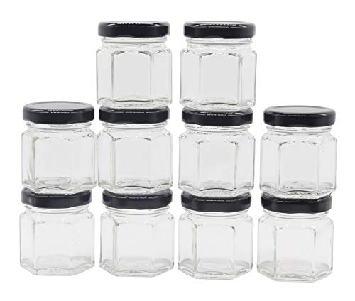 Image of Cute Hexagonal 50 Grams Airtight Glass Jar Containers for Honey, Spices & Other Kitchen Items with Rust Proof Black Caps -Set of 12
