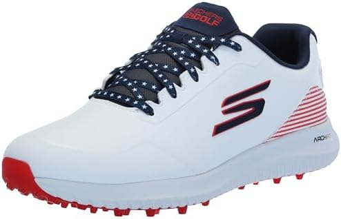 Skechers Max 2 Arch Fit Herren Golfschuh-Sneaker, wasserdicht, Spikeless, Weiß/Marineblau/Rot, 45.5 EU