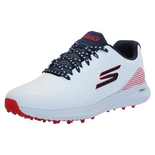 Skechers Men's Max 2 Arch Fit Waterproof Spikeless Golf Shoe Sneaker, White/Navy/Red, 10.5