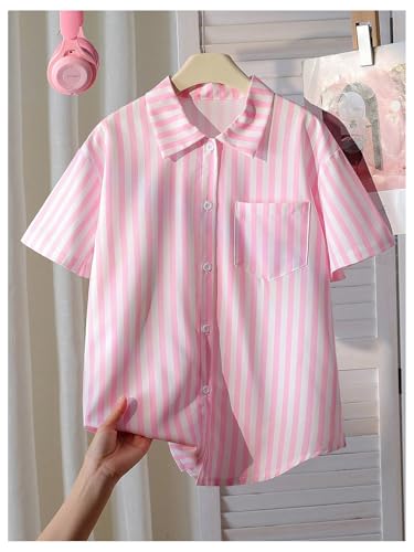 Floerns Girl's Striped Button Down Shirts Short Sleeve Letter Print Blouse Tops2