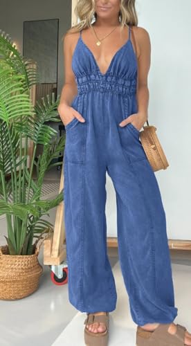 Utcoco 11501 Womens Smocked Elastic Waist Denim Jumpsuit Sleeveless Adjustable Straps Wide Leg Jeans Overall Jumpsuits thumb #1
