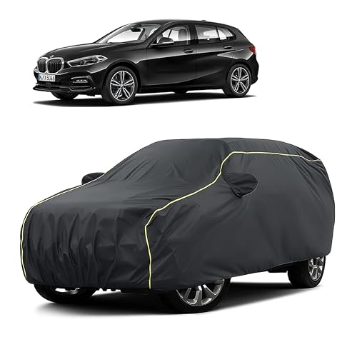 Image of Sulfar 100% Water Resistant Car Body Cover Compatible with Mirror for BMW 1 Series (Triple Stitched, Full Bottom Elastic, Dark Grey Taffeta with Yellow Piping)