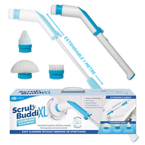 JML Electric Cleaning Brush - Long Handled Electric Scrubber Rechargeable Cordless Power Scrubber with 3 Attachments 300rpm Scrubbing Brush for Bathrooms Tight Spaces - Scrub Buddi Extra Large