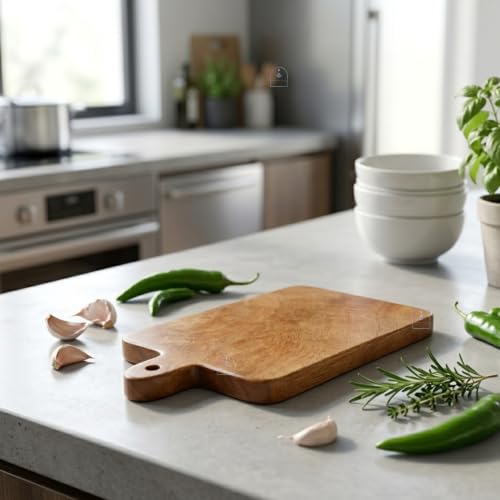 Image of Handcrafted Mango Wood Chopping Board with Hanging Handle (9 x 5 x 0.5 inch) | Small Rectangular Wooden Cutting Board, Cheese Platter & Prep Paddle for Kitchen, Fruits, Garlic, Herbs