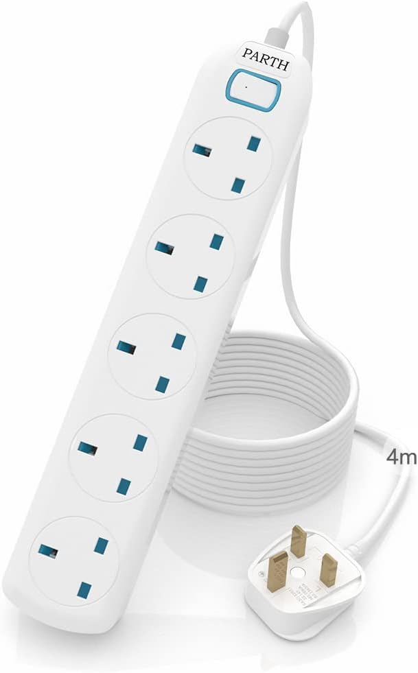 PARTH4m Extension Lead with Heavy Duty Cable 5 Way Plug Extension Socket 4 metre Power Strip 13A/3250W UK Sockets Safety Multi Plugs Extension Cord 5 Gang Extension Lead for Home Office School
