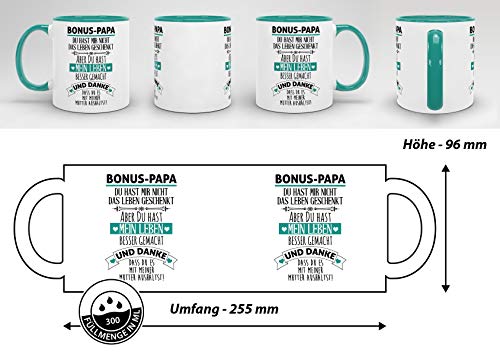 Tasse mit Spruch - Danke Bonus Papa - Kaffeetasse/Spruchtasse/Bester Stiefpapa/Geschenk Stiefvater - Innen & Henkel Türkis