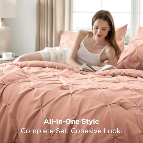 Bedsure King Size Comforter Set Dusty Pink - Bed in a Bag Bedding Set 7 Pieces, GentleSoft™ Pintuck Bed Set Gift for Family, All Season Down Alternative Comforter with Sheets, Pillowcases & Shams by Bedsure - Image 6