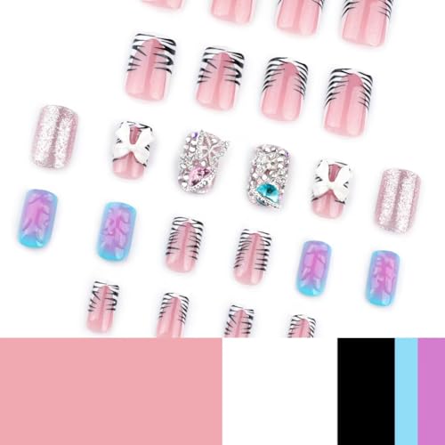 Image of French Tip Press on Nails Short Square Fake Nails Stripe Glue on Nails with Rhinestone Bow Design Glossy Stick on Nail Artificial Acrylic Full Cover Water Drop False Nail for Women Manicure 24Pcs