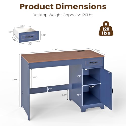Manora 43\" Farmhouse Desk with Power Outlet, Blue Computer Desk with Barn Door Storage Cabinet, Rustic Writing Table with Drawer & Adjustable Shelf for Home Office Study Bedroom - Thumbnail 2