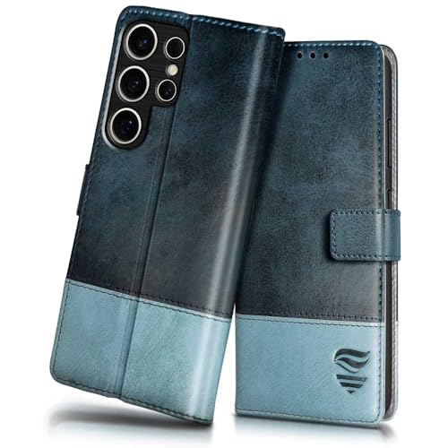 Image of FLIPPED Vegan Leather Flip Case Back Cover for Samsung Galaxy S25 Ultra 5G (Flexible, Shock Proof | Hand Stitched Leather Finish | Card Pockets Wallet & Stand | Blue with Aquamarine)