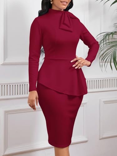 Image of WanMem Women Formal Bodycon Peplum Cocktail Dress Short Sleeve Bow Ruffle Pencil Party Midi Dresses