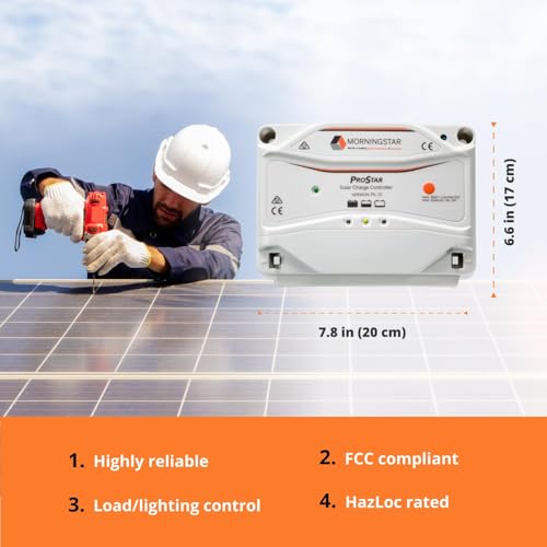 Image of Morningstar ProStar 30A PWM Solar Charge Controller, Panel Regulator, PS-30 | LCD display, MODBUS networking, LVD, lighting control, 12V /24V LA /Lithium compatible, HazLoc rated, surge protection
