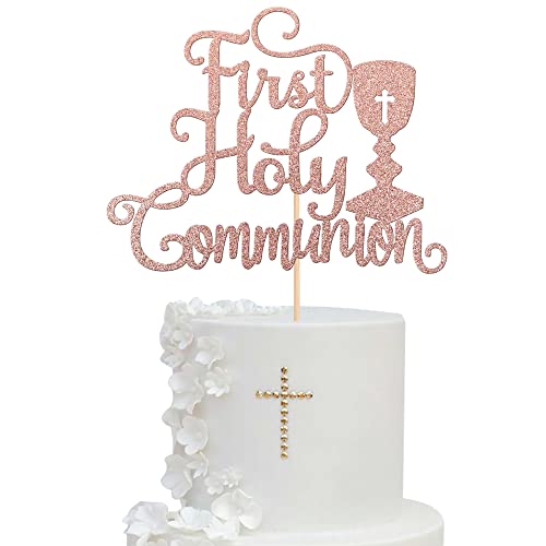 1 PCS First Holy Communion Cake Topper Glitter God Bless Cross Baby Baptism Christening Cake Pick for First Communion Theme Baby Shower Birthday Party Cake Decorations Supplies Rose Gold