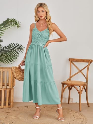 Image of Dokuritu Women's Beach Crochet Lace Maxi Dress Solid Color Summer Vacation Wedding Guest Spaghetti Strap Long Dress
