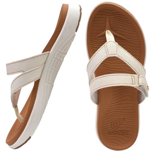 COFACE Womens Orthopedic Flip Flops Ladies Slip On Athletic Yoga Mat Memory Foam Cushioned Recovery Walking Thong Sandals Summer Beach Pool Slippers Plantar Fasciitis Arch Support White Brown Size 7.5 - Image 7