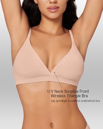 Image of Women's Triangle Bralette Removable Pads Unlined Bra Comfortable Deep V Neck Wireless Seamless Smoothing Bra Top Nude