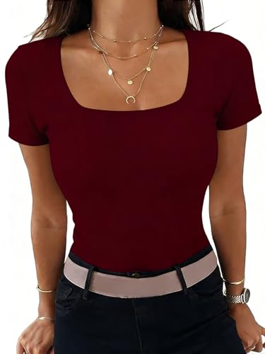 Eniloyal Rippshirt Damen Kurzarm Shirt Eckiger Ausschnitt Ob