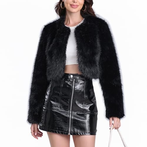 Women's Faux Fur Cropped Coat Long Sleeve Open Front Winter Jacket4