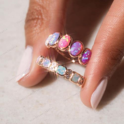 Vintage Princess-Cut Opal Wedding Band, Rose Gold Bezel Setting Band, July Birthstone Ring, Diamond Half Eternity Band Promise Ring Gift4