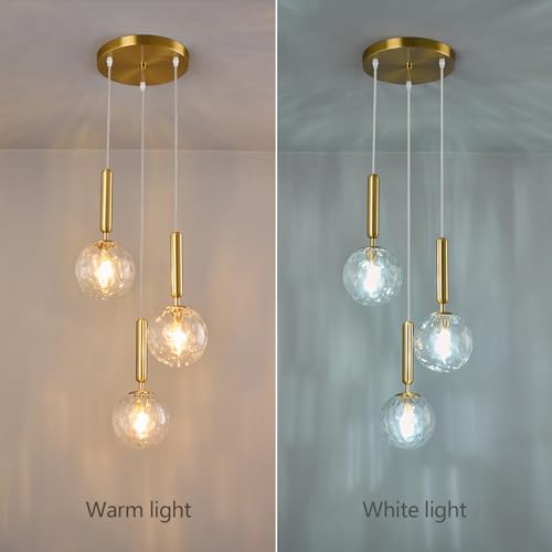 Image of Mid Century Globe Pendant Light with Clear Glass for Kitchen Island Modern Gold Finish Hanging Light Fixture Retro Round Pendant Lighting for Living Room Bedroom Entryway(3 Lights)