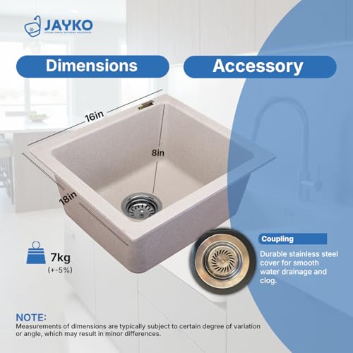 Image of JAYKO Quartz Acrylic Kitchen Sink for Modular Kitchen | Granite Finish, Scratch & Heat Resistant | Easy to Clean & Stylish Sink for Home (RA, 16x18in)