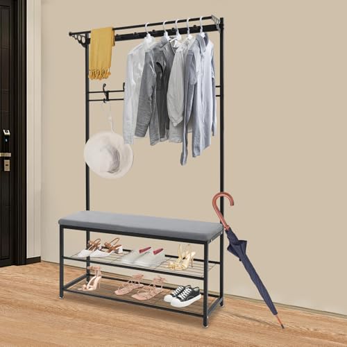 TFGXUE Porte-manteaux ouvert avec étagères à chaussures, en métal, charge maximale : 100 kg, porte-chaussures, 100 x 33 x 170 cm, noir/gris